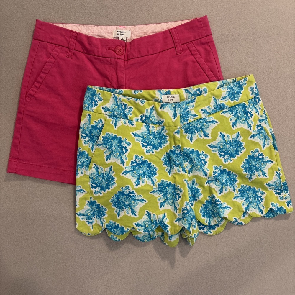 (2 Pair) Crown & Ivy Sz 2 CAROLINE Green/Teal Coral & Pink Shorts EXCELLENT
